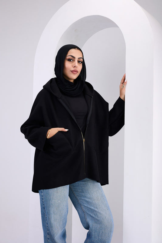 Wool Zip Hoodie Black